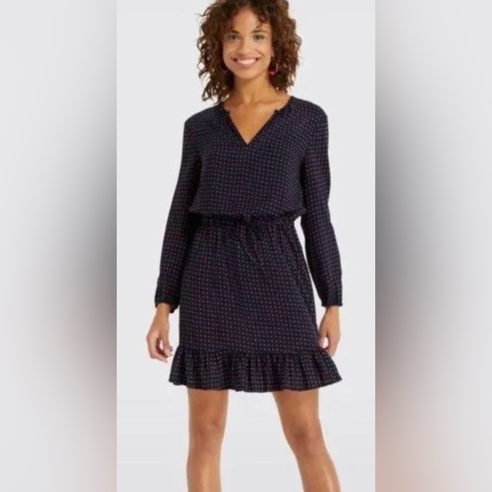 DRAPER JAMES Printed Tie Waist Dress V-Neck‎ Red Navy Printed Long Sleeve Size M